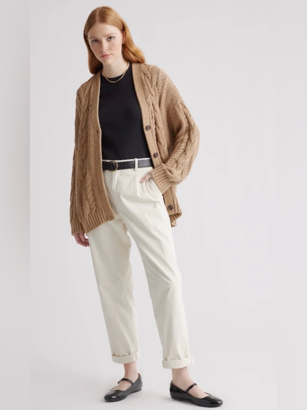 Quince‎ 100% Organic Cotton Oversized Cable Knit Cardigan Sweater Camel Tan Sz S - Picture 2 of 12
